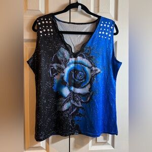 Blue and Black Sleeveless Top with Floral Design
